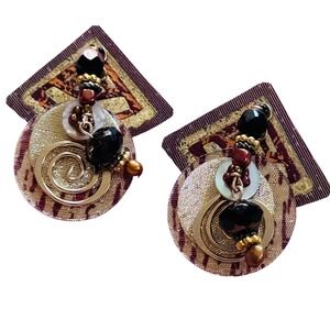 Chunky Earrings Clip gold foil glass beads dangle black Artisan MOD VTG 90s